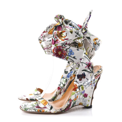 Gucci Satin Floral Ankle Strap Wedge Sandals 35 White Multicolor 3 of 8