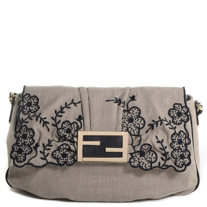 Fendi Linen Embroidered Mia Shoulder Flap Beige Black 1 of 9