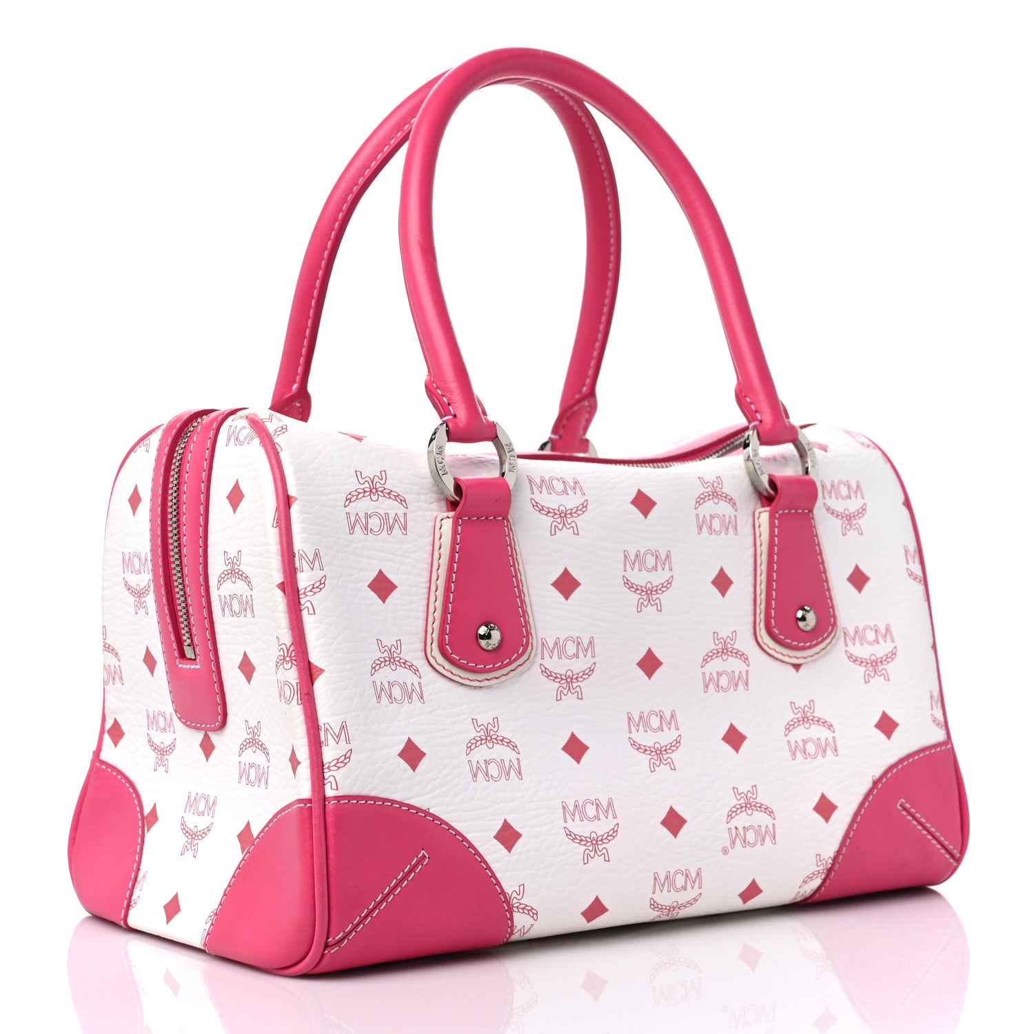 MCM Visetos Medium Boston Bag Pink White 3 of 15