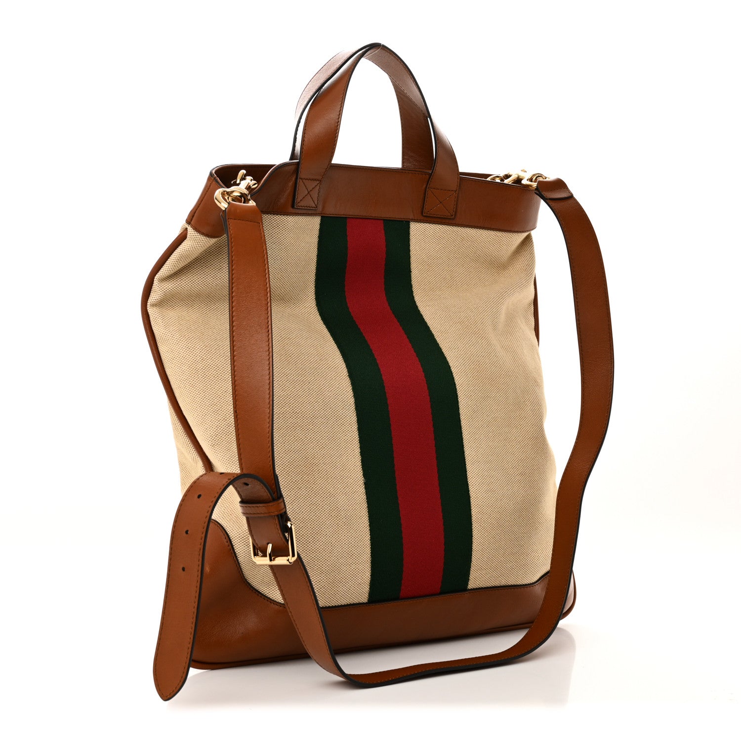 Gucci Vintage Canvas Calfskin Web Flat Tote Sand Light Cuir 3 of 10