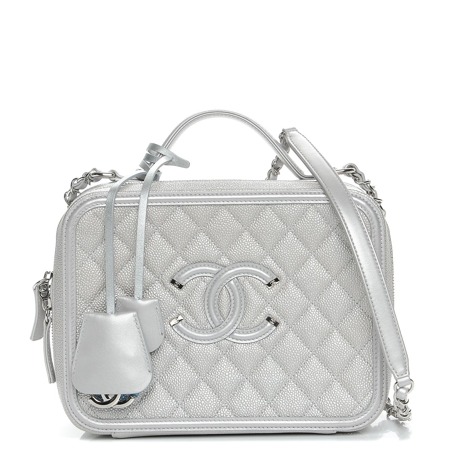 Metallic Caviar Quilted Large CC Filigree Vanity Case Silver