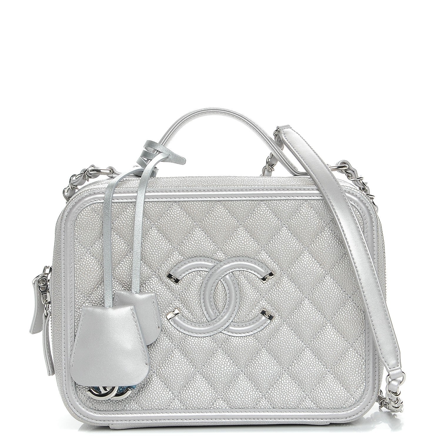 Chanel Metallic Caviar Quilted Large CC Filigree Vanity Case Silver 1 of 10