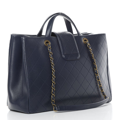 Chanel Lambskin Stitched Large Around The Corner Shopping Tote Deep Marine 3 of 15