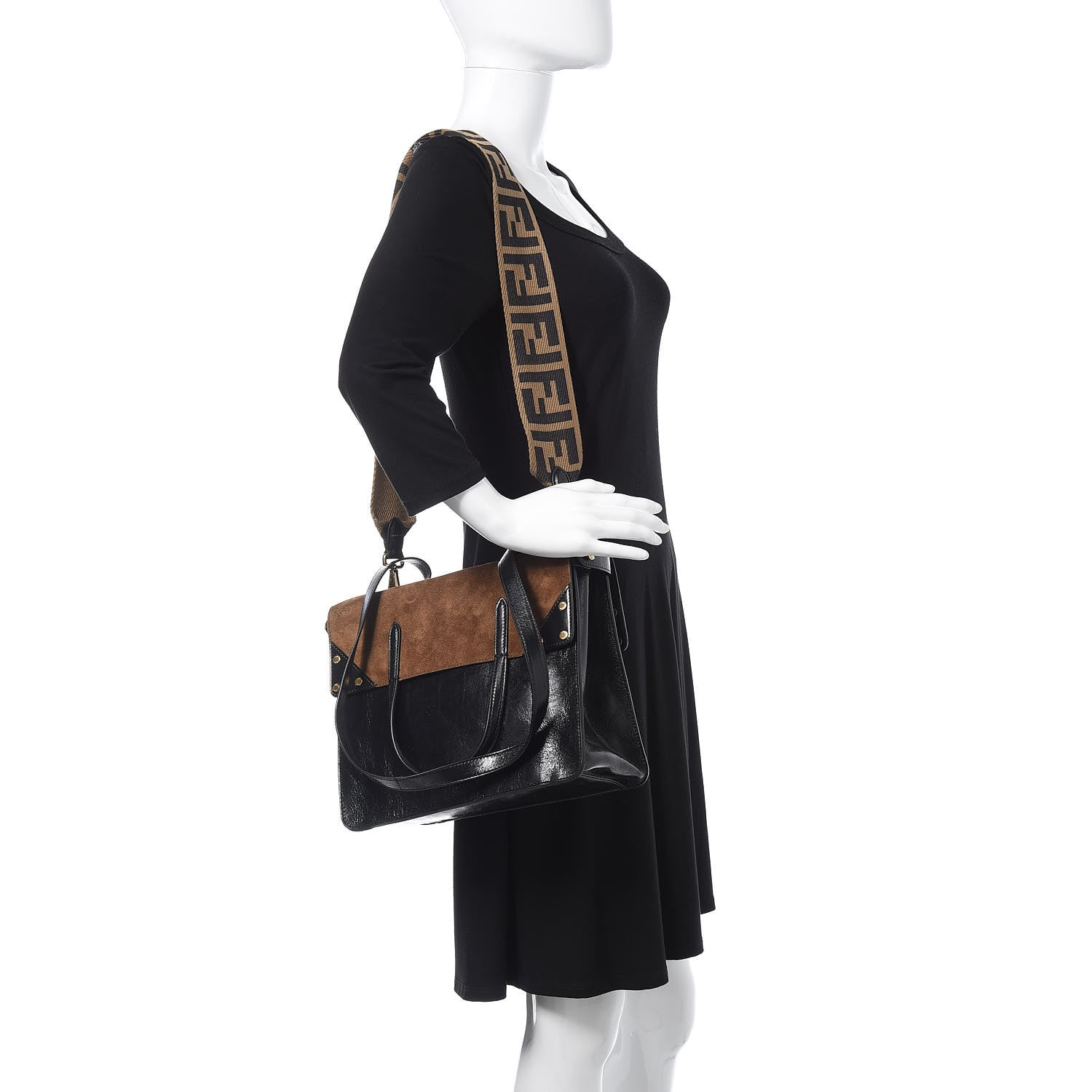 Fendi Agnello Old Shine Vitello Go Rain Large Flip Tote Black Marrone 2 of 11