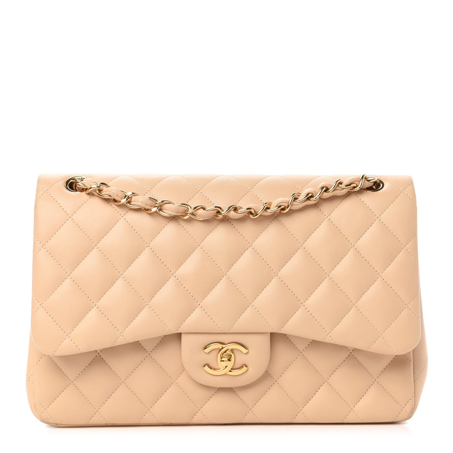 Lambskin Quilted Jumbo Double Flap Beige