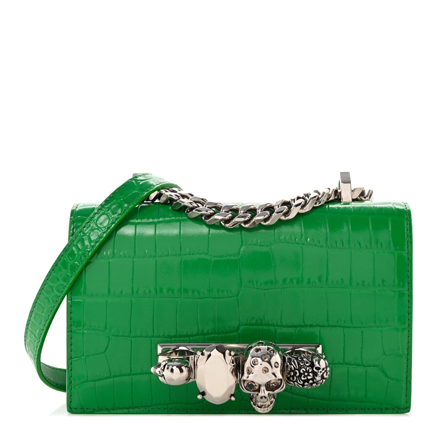 Calfskin Crocodile Embossed Knuckle Shoulder Bag Green