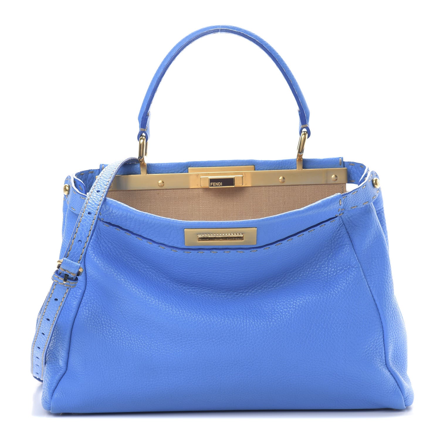 Fendi Cuoio Romano Raffia Selleria Medium Peekaboo Iconic Satchel Blue 1 of 13