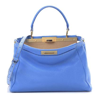 Fendi Cuoio Romano Raffia Selleria Medium Peekaboo Iconic Satchel Blue 1 of 13