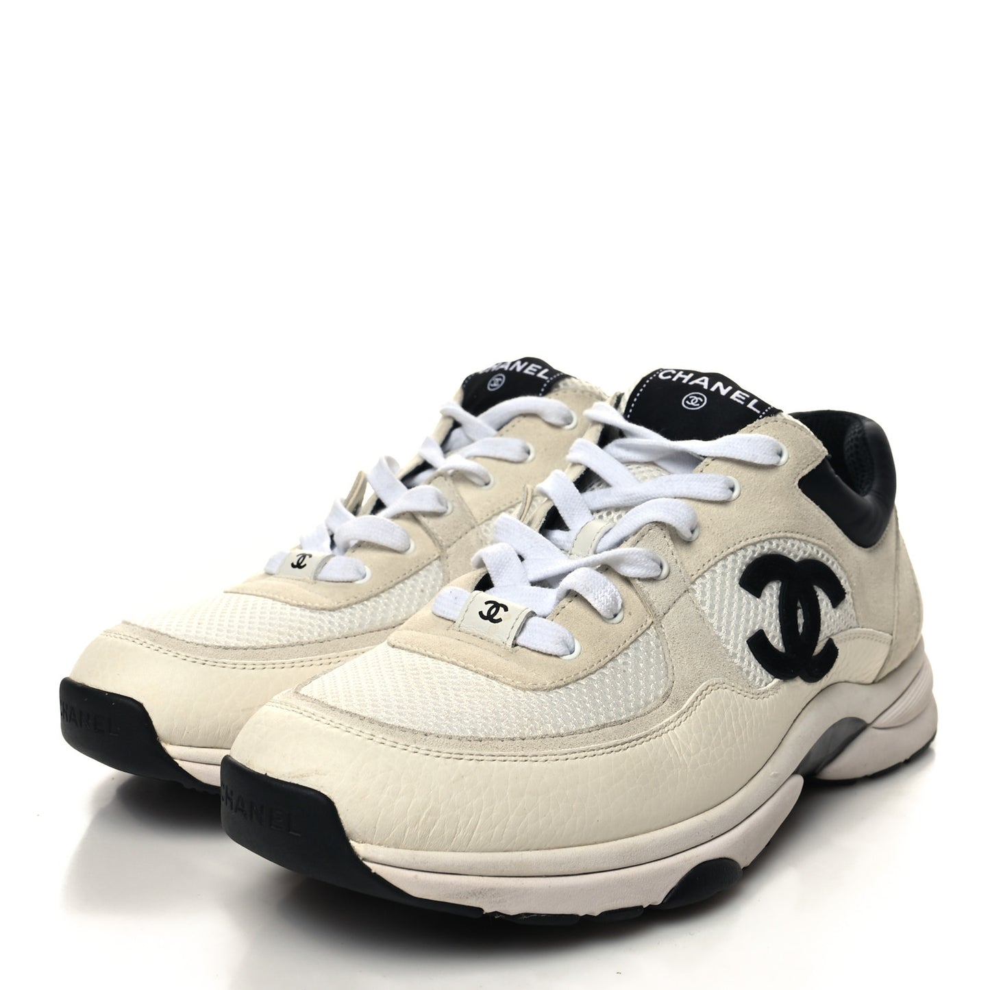 Mesh Suede Calfskin Grained Calfskin Mens CC Sneakers 43 White Black