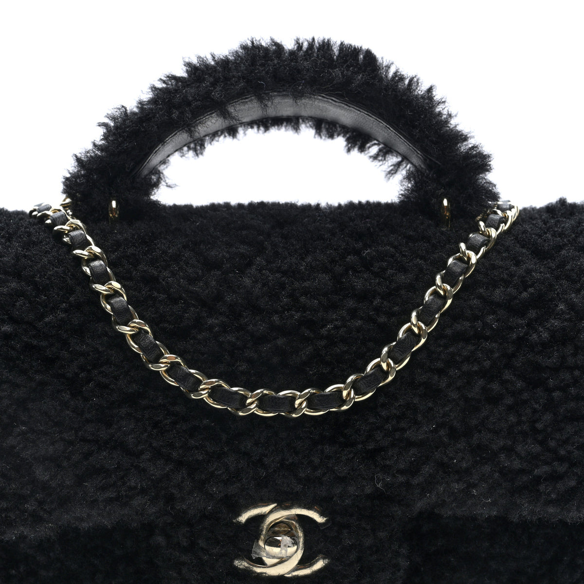 Shearling Quilted Mini Top Handle Rectangular Flap Black