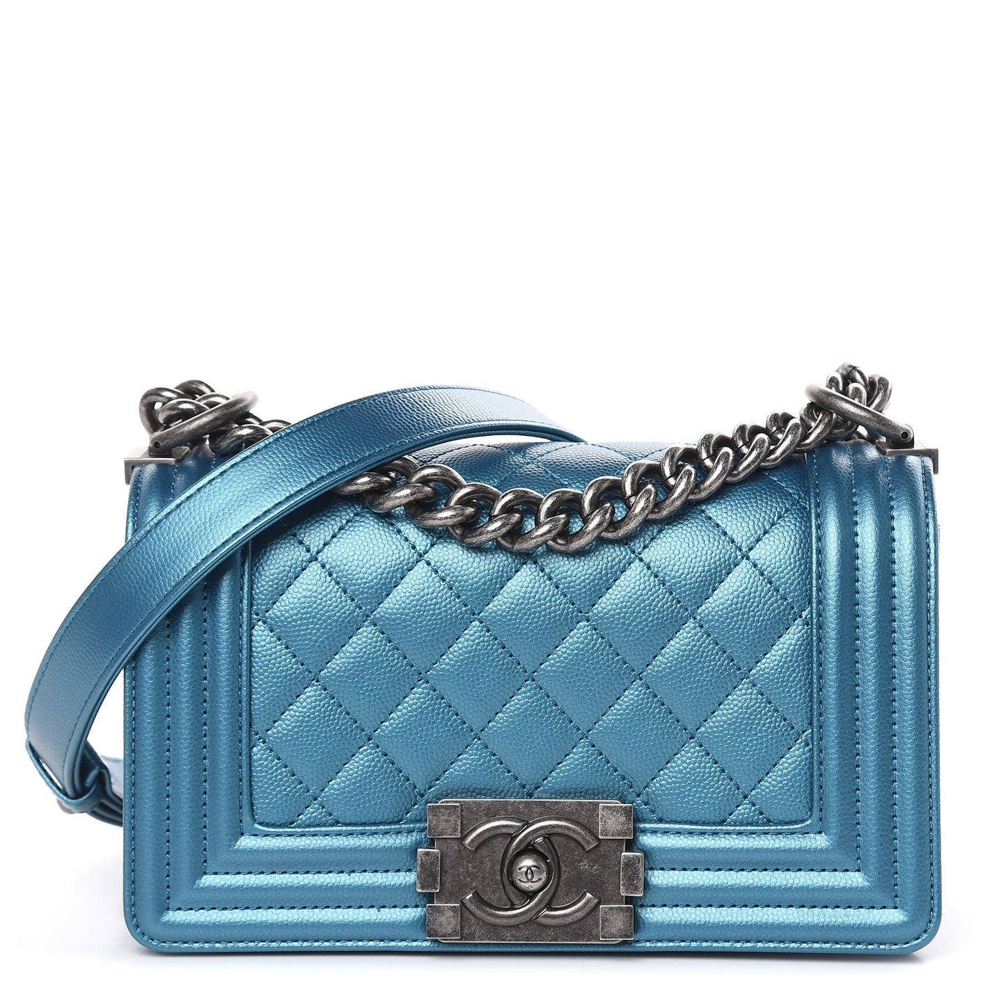 Metallic Caviar Quilted Small Boy Flap Blue