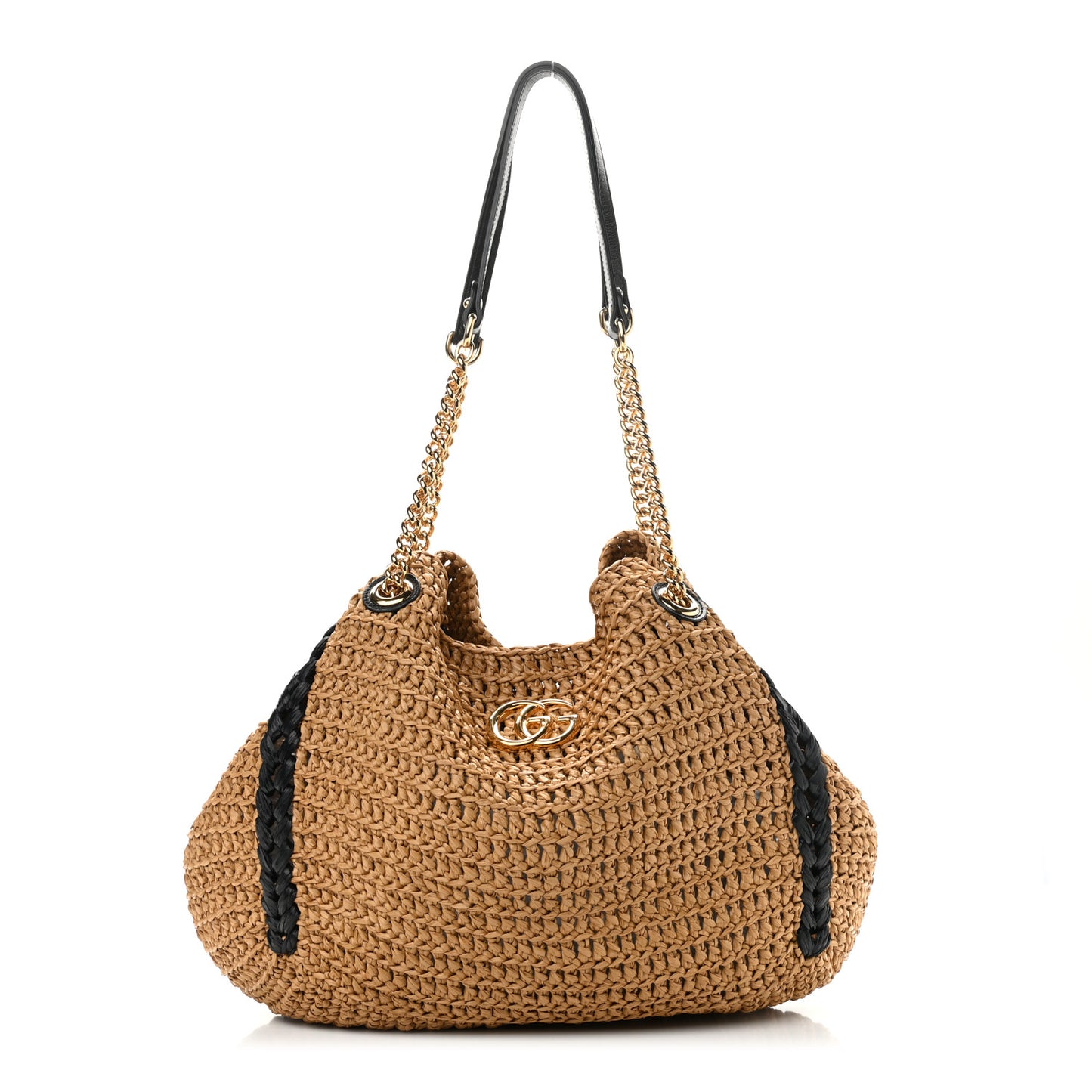 Raffia Effect Large GG Marmont Shoulder Tote Bag Natural Black