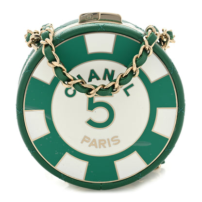 Chanel Lambskin Enamel Quilted Round Poker Chip Clutch With Chain Green White 1 of 8