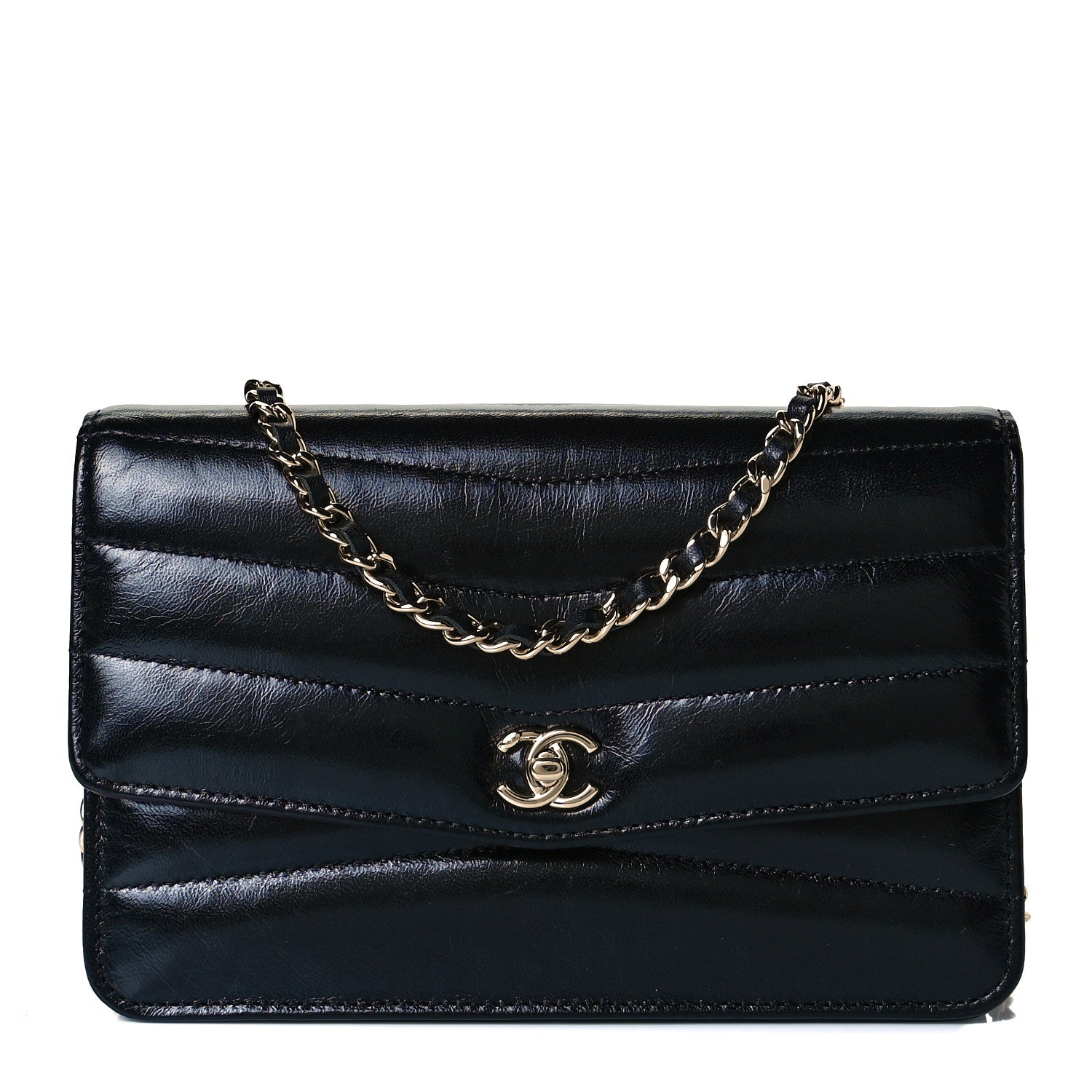 Chanel Lambskin Chevron Quilted Wallet On Chain WOC Black 1 of 7