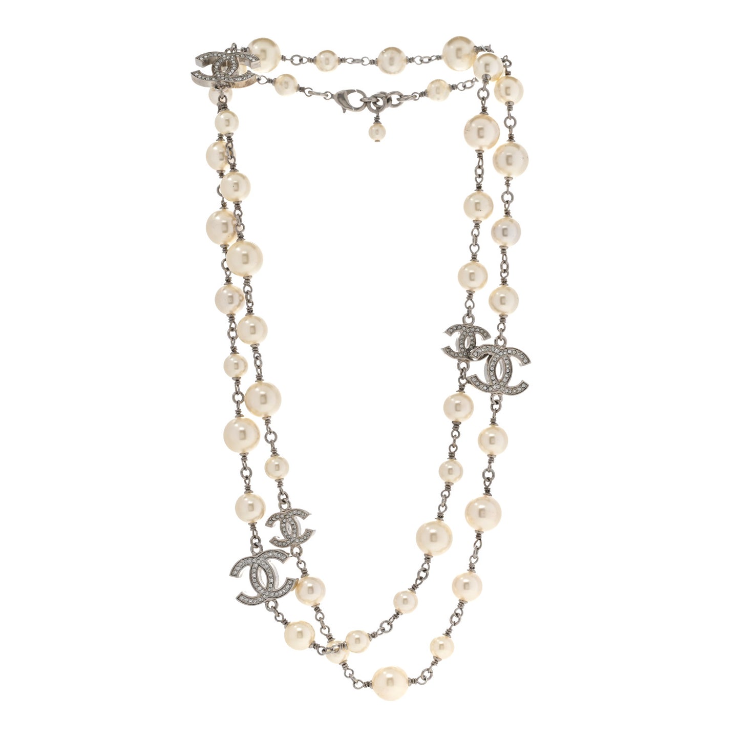 Crystal Pearl CC Long Necklace Silver