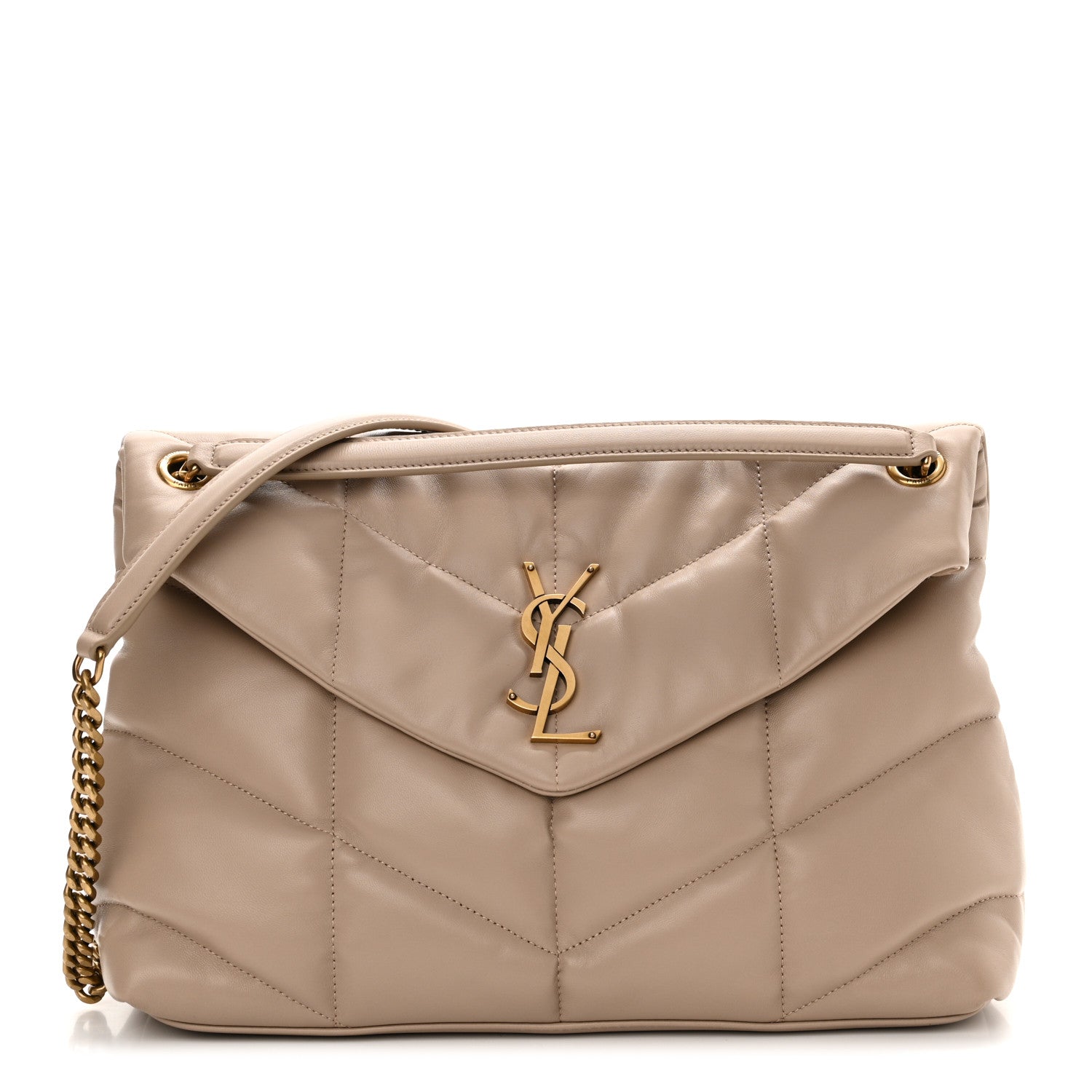 Saint Laurent Lambskin Quilted Medium Loulou Puffer Monogram Chain Satchel Dark Beige 1 of 10