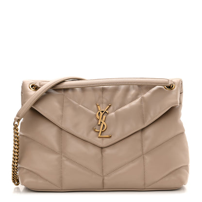 Saint Laurent Lambskin Quilted Medium Loulou Puffer Monogram Chain Satchel Dark Beige 1 of 10