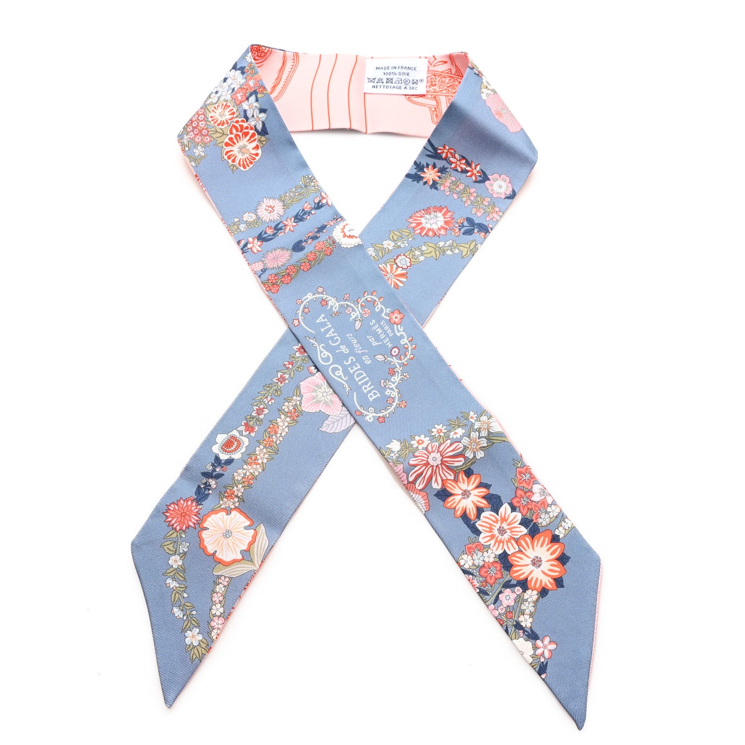 Hermes Silk Brides De Gala En Fleurs Twilly Blue Jean Rose Saumon