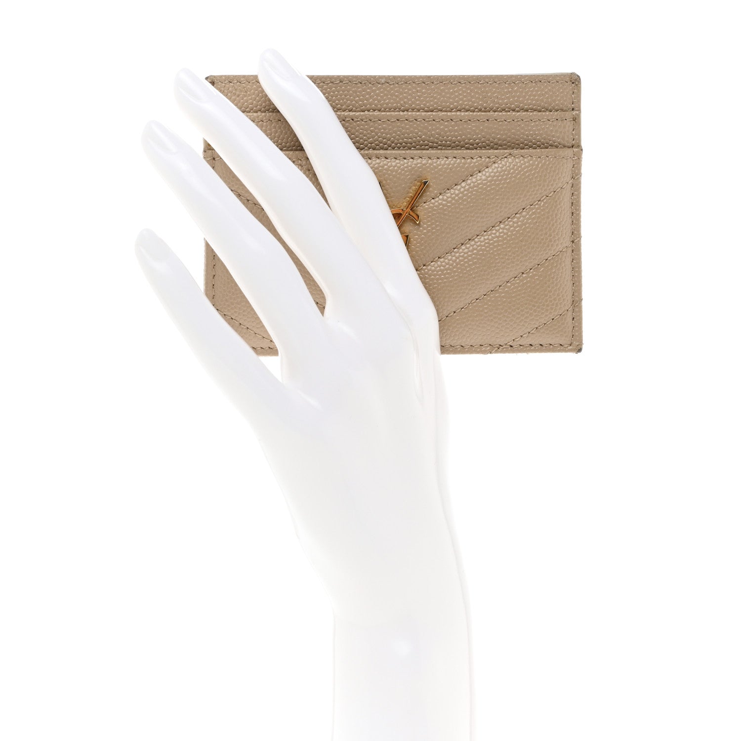 Saint Laurent Grain De Poudre Matelasse Chevron Monogram Credit Card Case Dark Beige 2 of 8