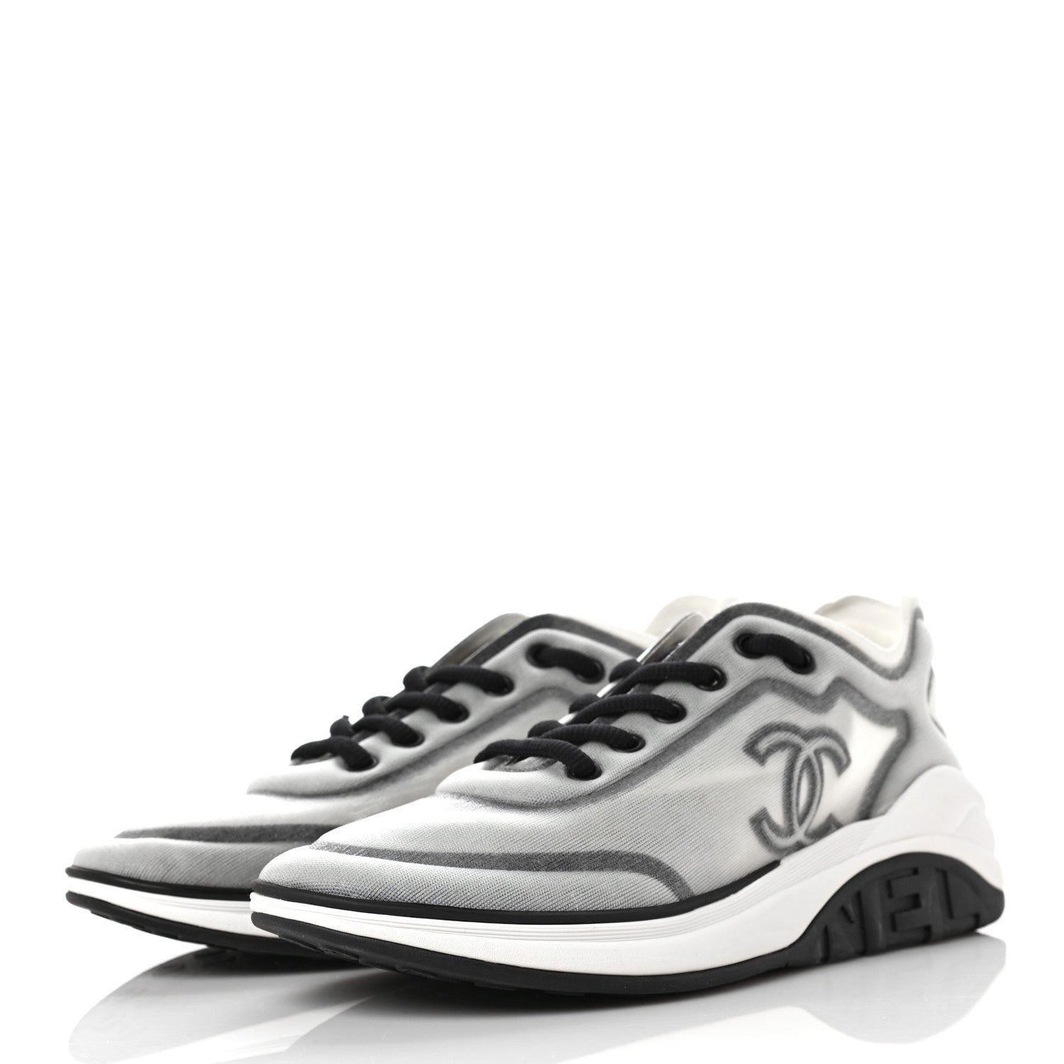 Chanel Calfskin Mesh Lycra Womens Logo Sneakers 38.5 White Black 3 of 7