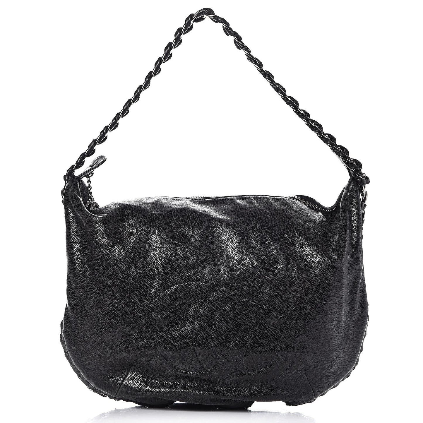 Glazed Caviar Modern Chain Hobo Black