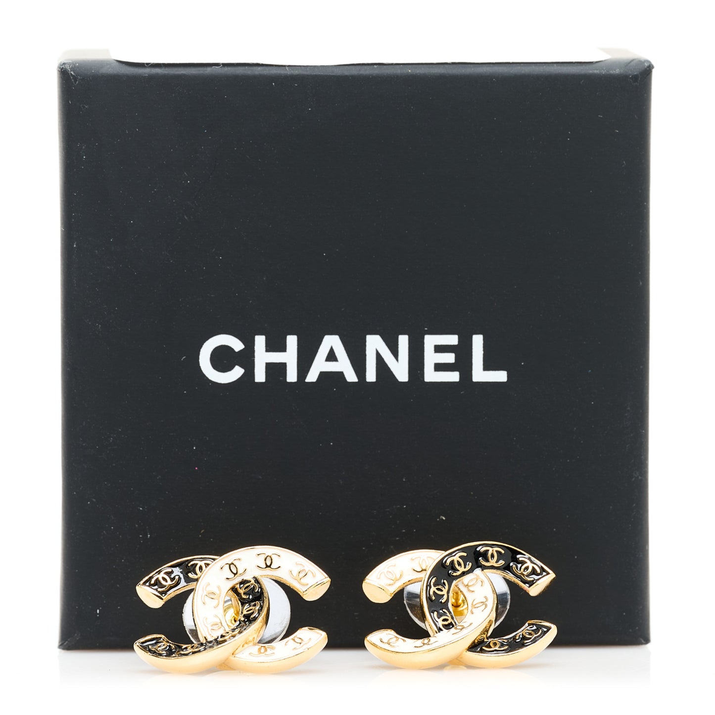 Enamel CC Logo Earrings Gold Black White