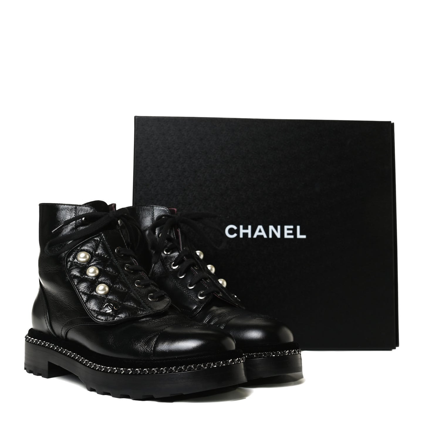Crackled Calfskin Velvet Pearl Combat Short Boots 37.5 Black