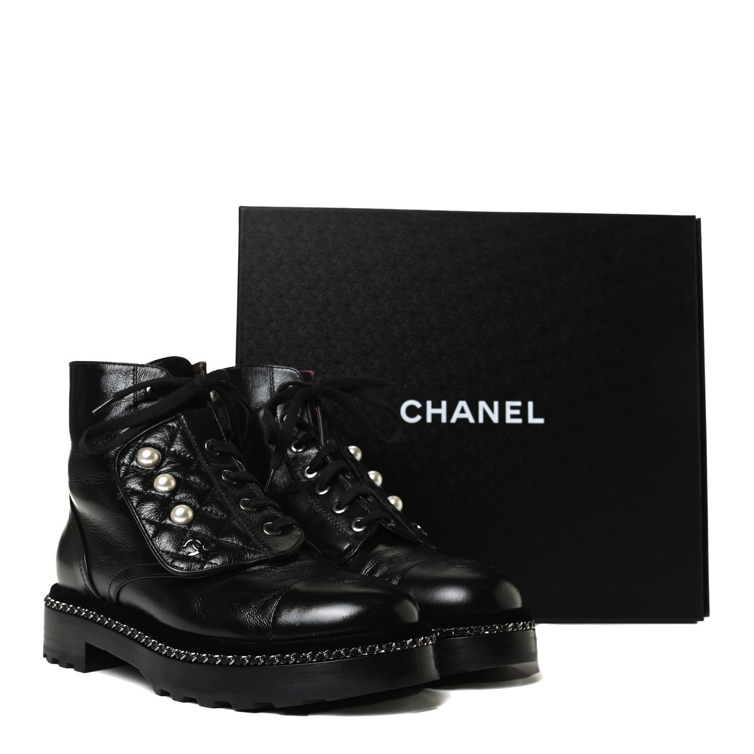 Chanel Crackled Calfskin Velvet Pearl Combat Short Boots 37.5 Black 15 of 15