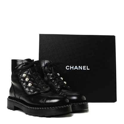Chanel Crackled Calfskin Velvet Pearl Combat Short Boots 37.5 Black 15 of 15