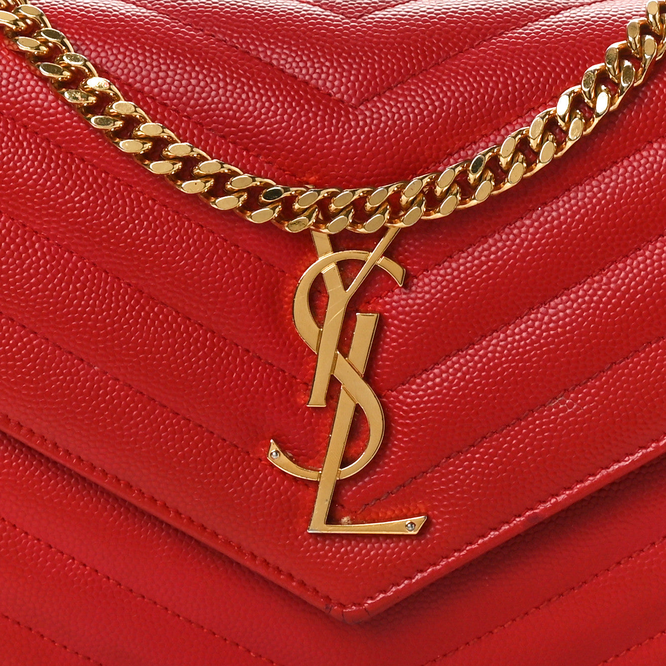 Saint Laurent Grain De Poudre Matelasse Chevron Monogram Chain Wallet Red 7 of 13