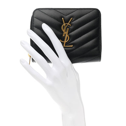 Saint Laurent Grain De Poudre Matelasse Chevron Monogram Compact Zip Around Wallet Black 2 of 7