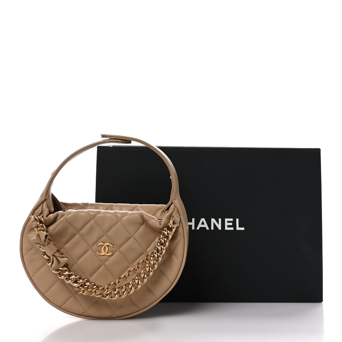 Shiny Caviar Quilted Bow Pouch Hobo Dark Beige