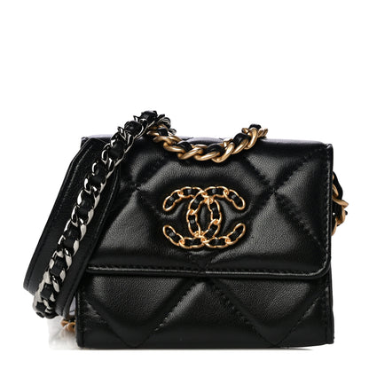 Chanel Shiny Goatskin Quilted 19 Flap Coin Purse With Chain Black 1 of 14