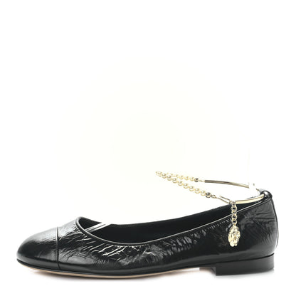 Chanel Lambskin Patent Calfskin Cap Toe Ankle Chain Ballerina Flats 38 Black 1 of 8