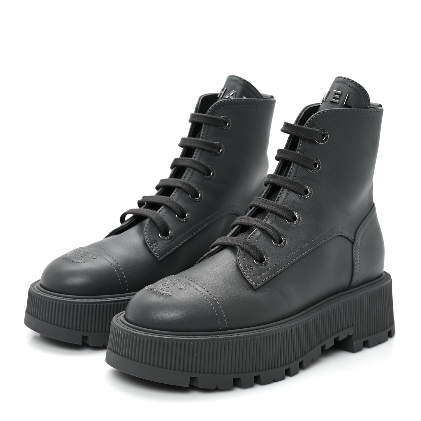 Calfskin CC Lace Up Combat Boots 36.5 Gray