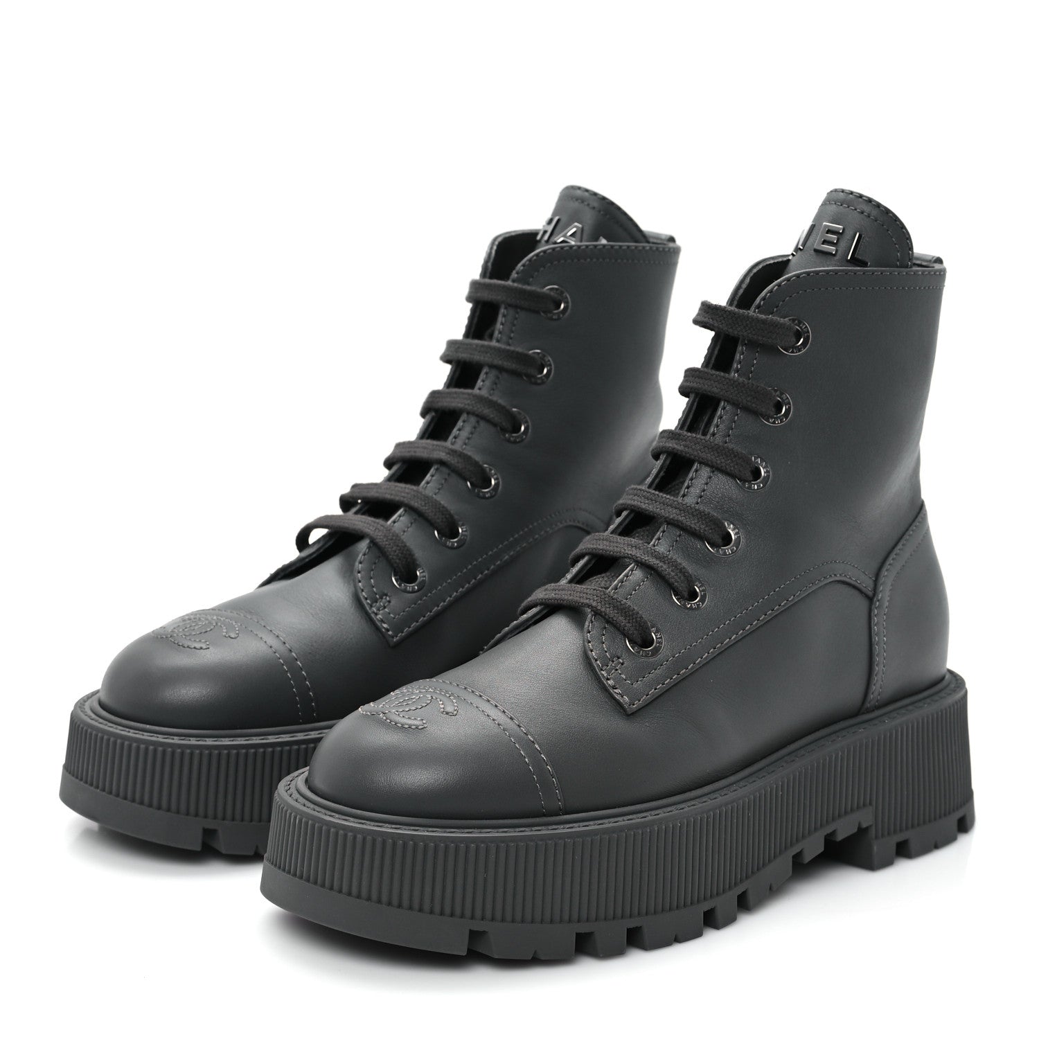 Chanel Calfskin CC Lace Up Combat Boots 36.5 Gray 4 of 12