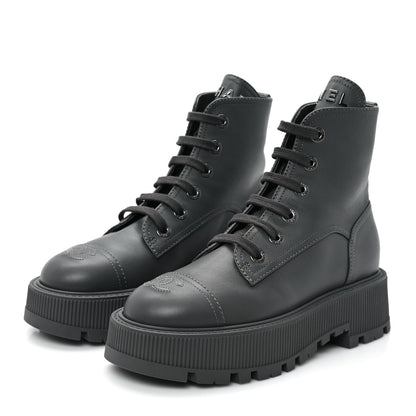 Chanel Calfskin CC Lace Up Combat Boots 36.5 Gray 4 of 12