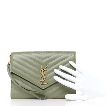 Saint Laurent Grain De Poudre Matelasse Chevron Monogram Envelope Clutch Light Sage 2 of 10