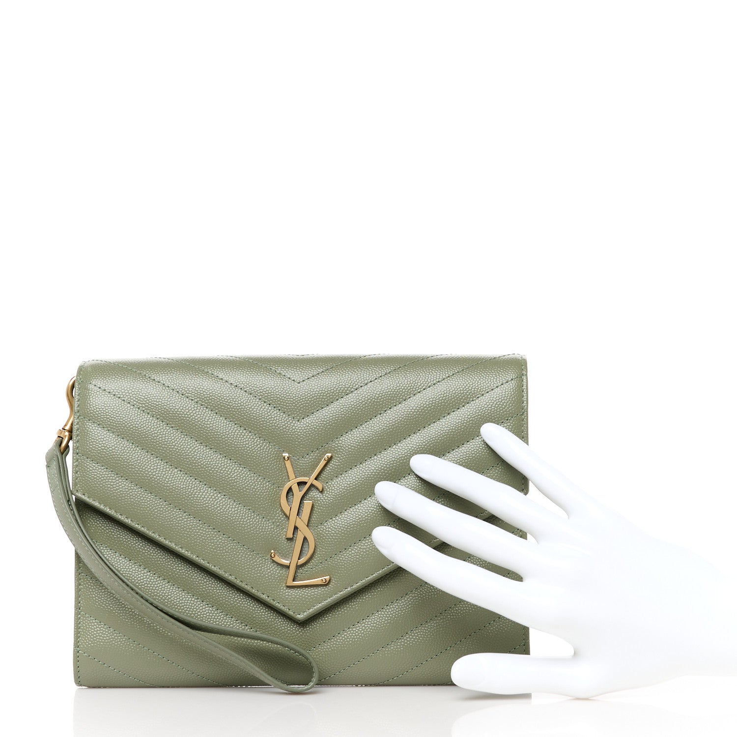 Saint Laurent Grain De Poudre Matelasse Chevron Monogram Envelope Clutch Light Sage 2 of 11