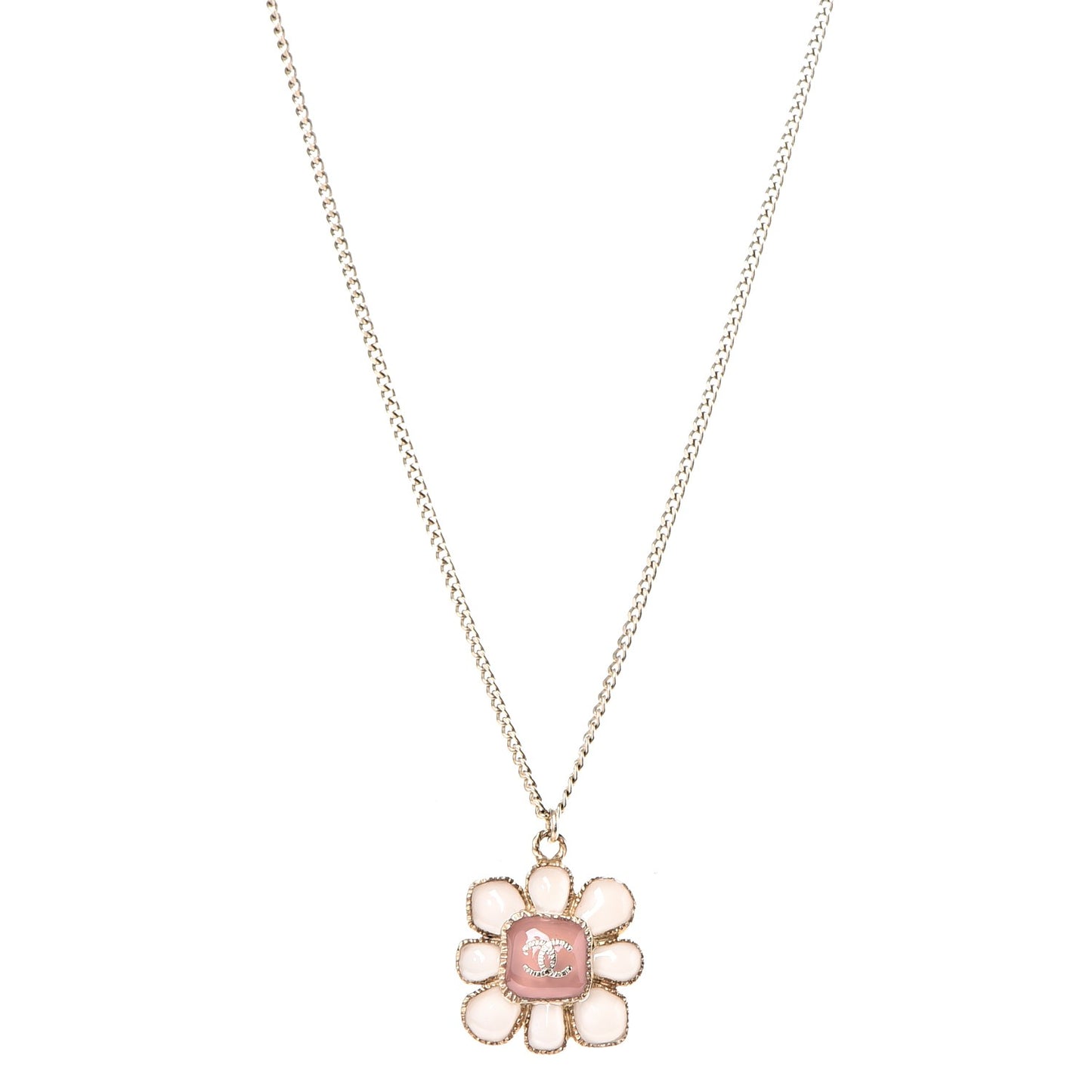 Gripoix Poured Glass CC Korean Blossom Pendant Necklace Pink Gold