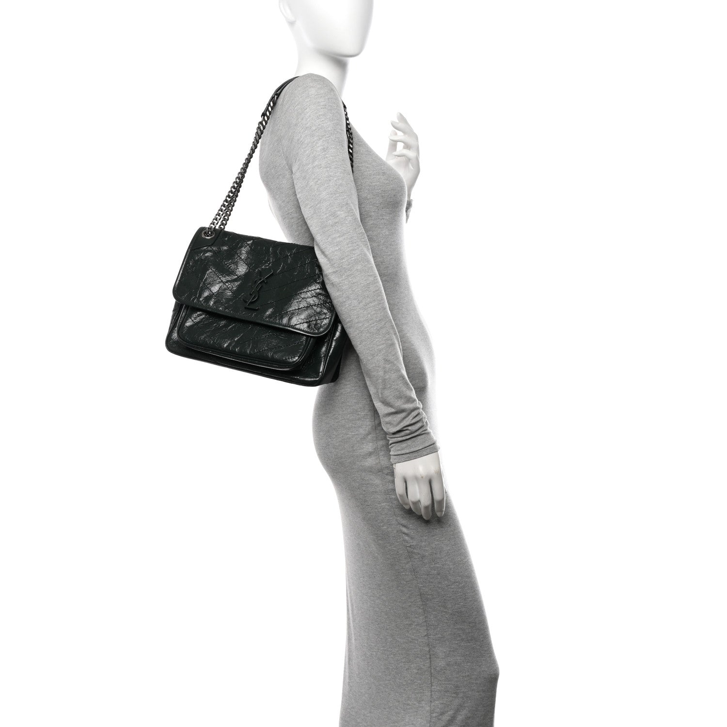Saint Laurent Crinkled Lambskin Matelasse Monogram Medium Niki Chain Satchel Dark Green 2 of 10