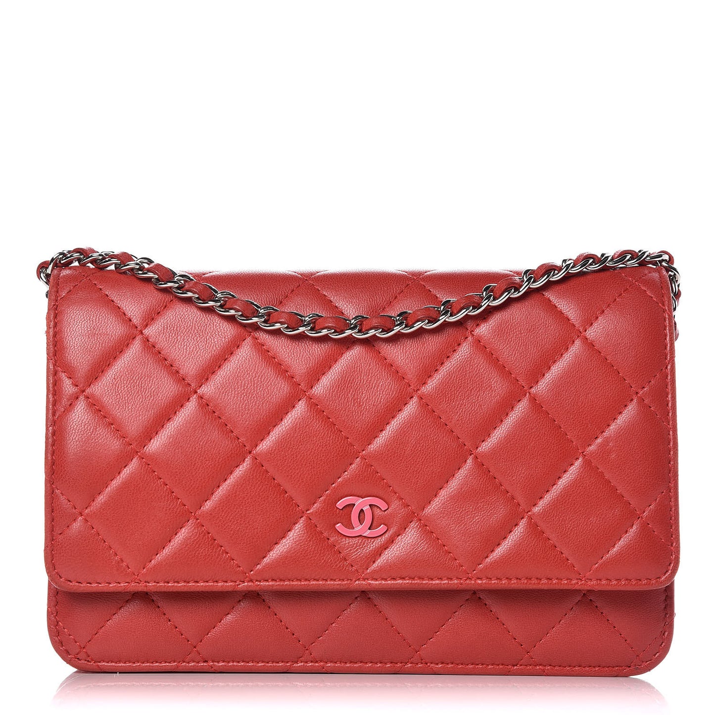 Lambskin Quilted Wallet On Chain WOC Red Pink