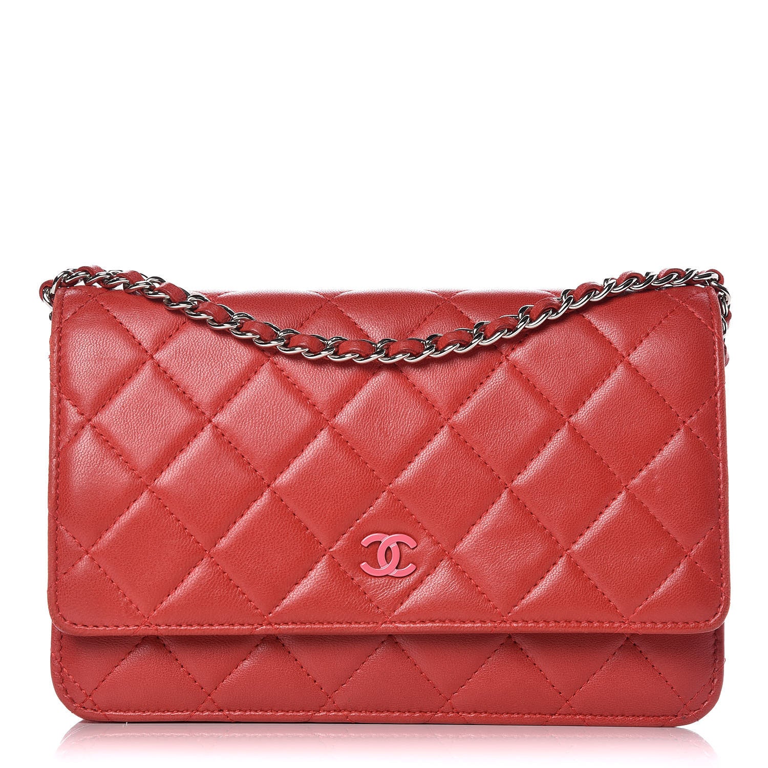 Chanel Lambskin Quilted Wallet On Chain WOC Red Pink 1 of 12