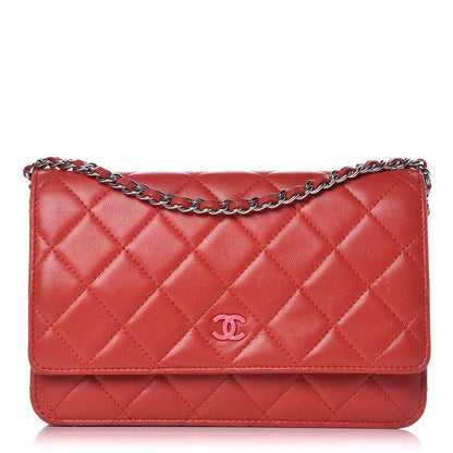 Chanel Lambskin Quilted Wallet On Chain WOC Red Pink 1 of 12