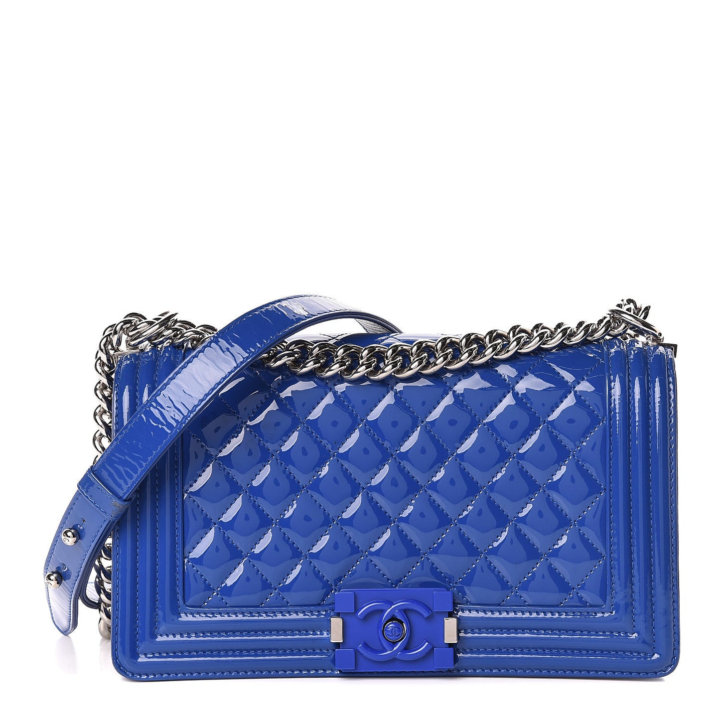 Patent Calfskin Quilted Medium Plexiglass Boy Flap Blue