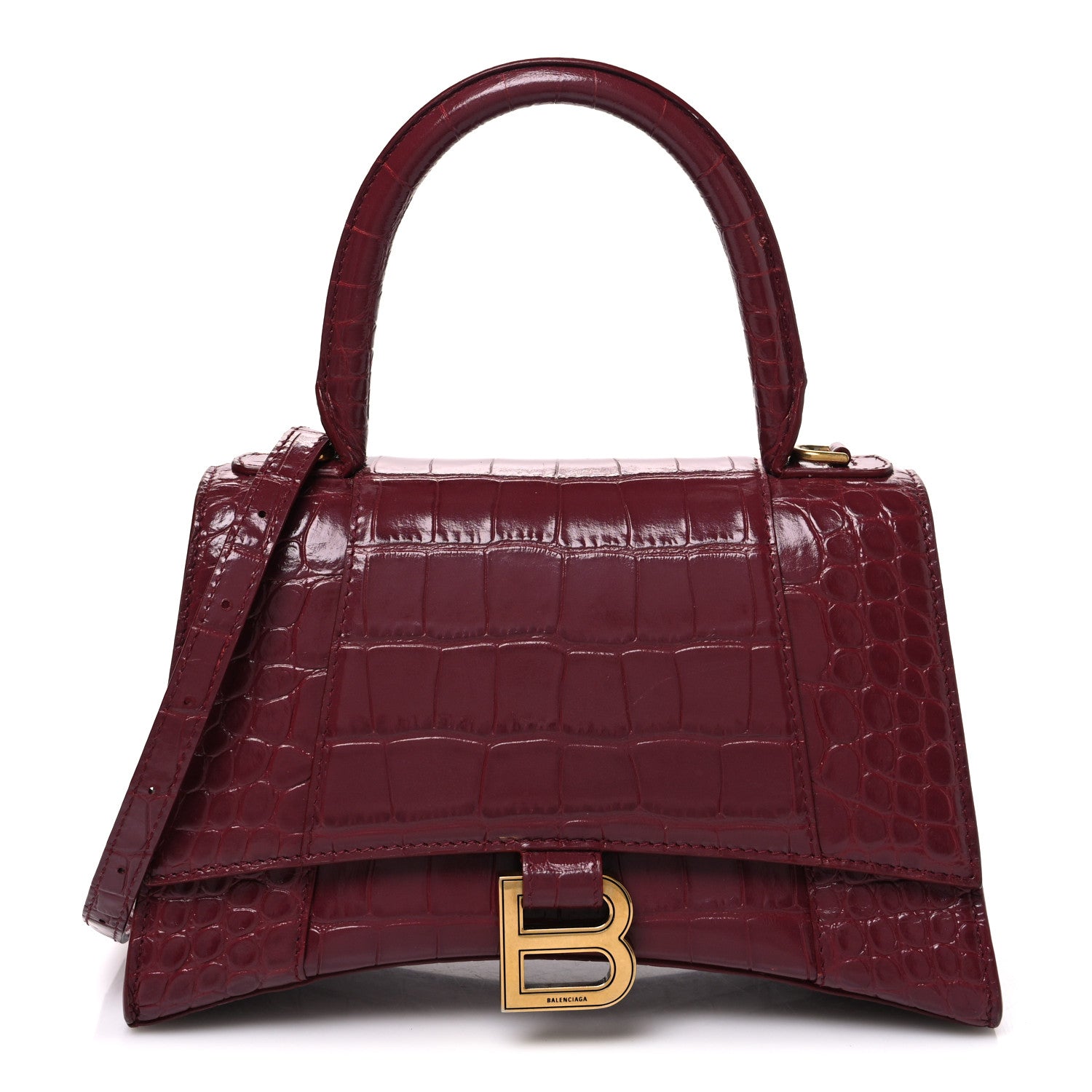 Balenciaga Shiny Calfskin Crocodile Embossed Small Hourglass Top Handle Bag Dark Red 1 of 11