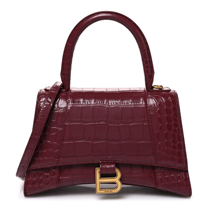 Balenciaga Shiny Calfskin Crocodile Embossed Small Hourglass Top Handle Bag Dark Red 1 of 11