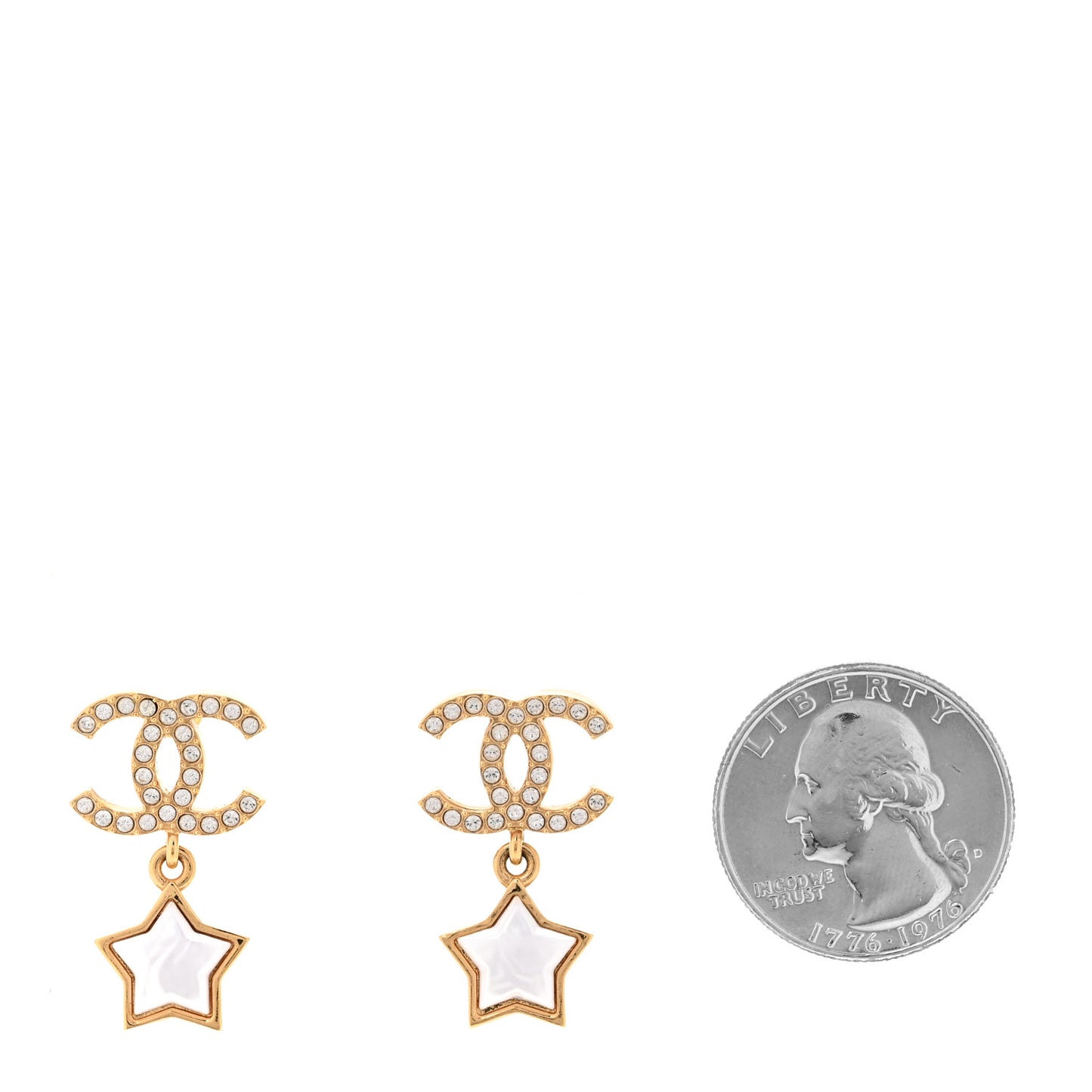 Metal Crystal Pearl CC Star Earrings Gold Pearly White