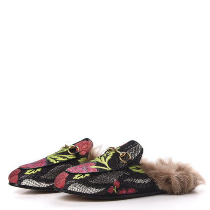 Gucci Brocade Fur Floral Womens Princetown Slippers 35 Black Anthracite 2 of 8