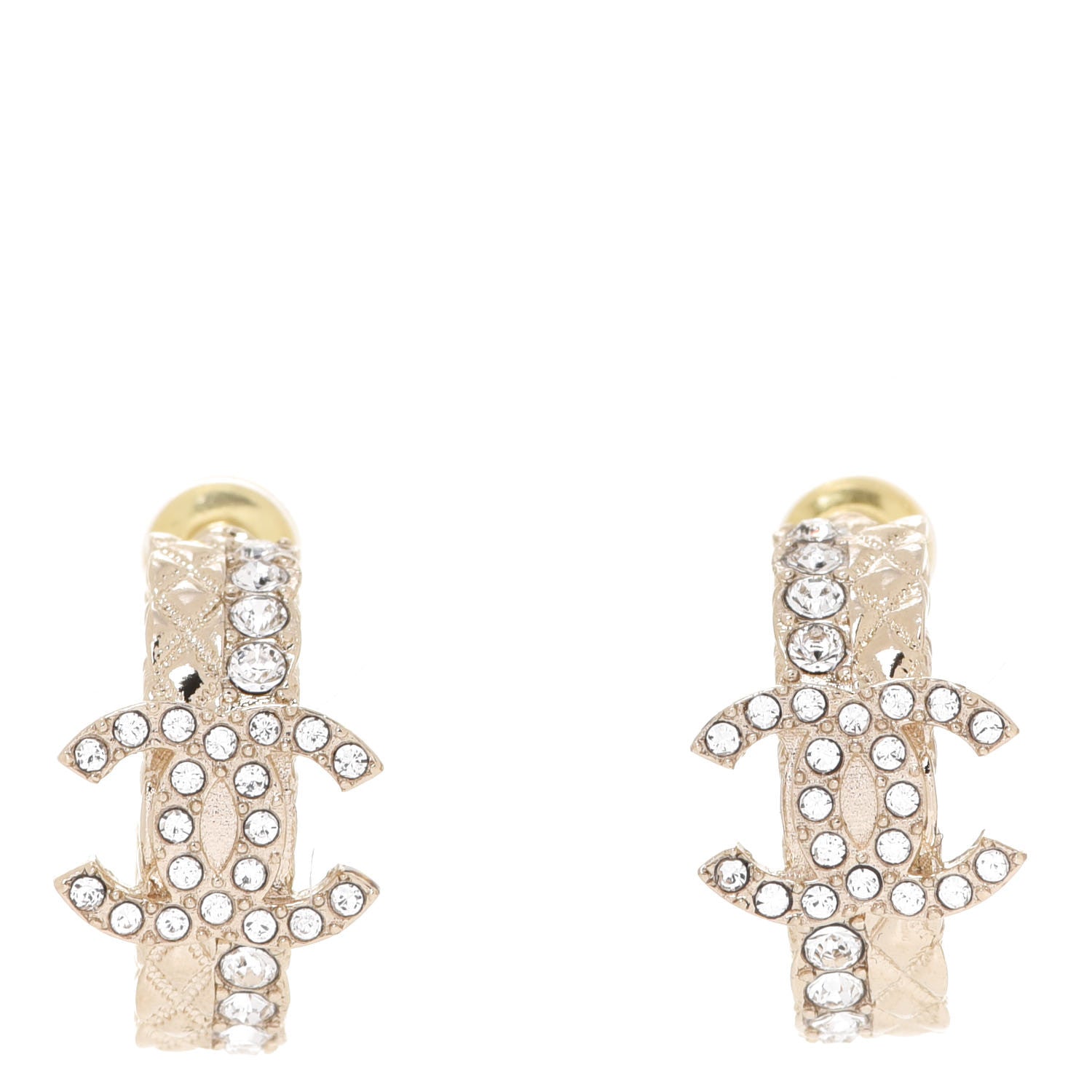 Chanel Metal Crystal Quilted CC Hoop Earrings Gold 1 of 5